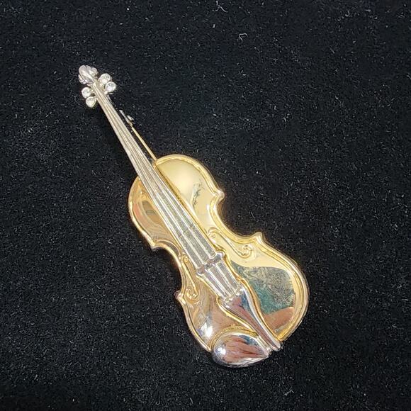 Violin Brooch Pin Rhinestone Accents On Bridge Gold & Silver Tone Vintage - Picture 14 of 16